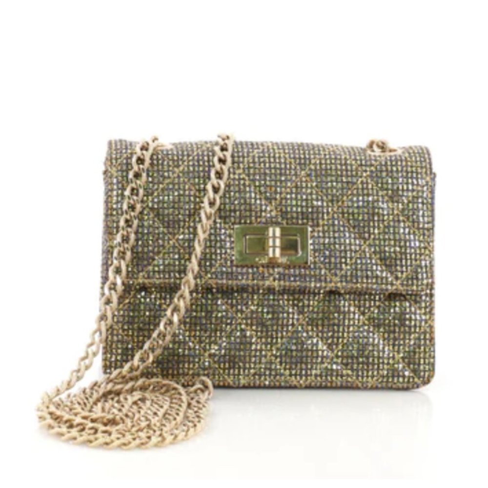 Chanel Mademoiselle Lock Crossbody Bag Quilted Glitter Fabric Mini
